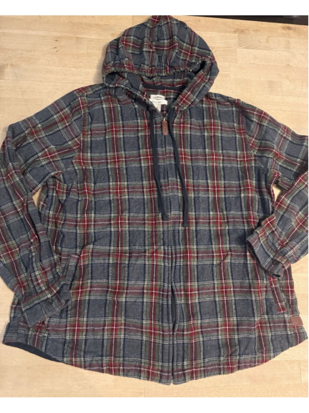 LL Bean Hoodie Womens XL Red Gray Green Scotch Plaid Flannel Relaxed Full Zip